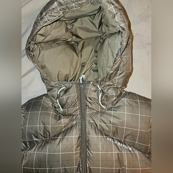 HELLY HANSEN Womens Size Small Goose Down Puffer Jacket Brown Windowpane Hood - Picture 2 of 7